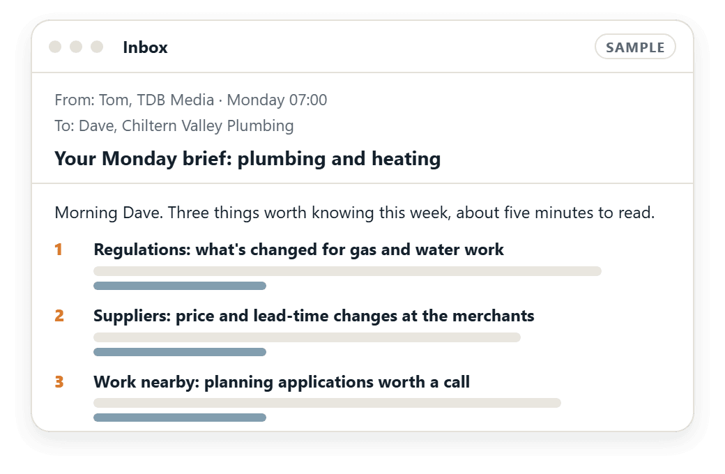 A sample Monday industry brief email for a plumbing business, with three short items: regulations, supplier prices and lead times, and planning applications nearby.