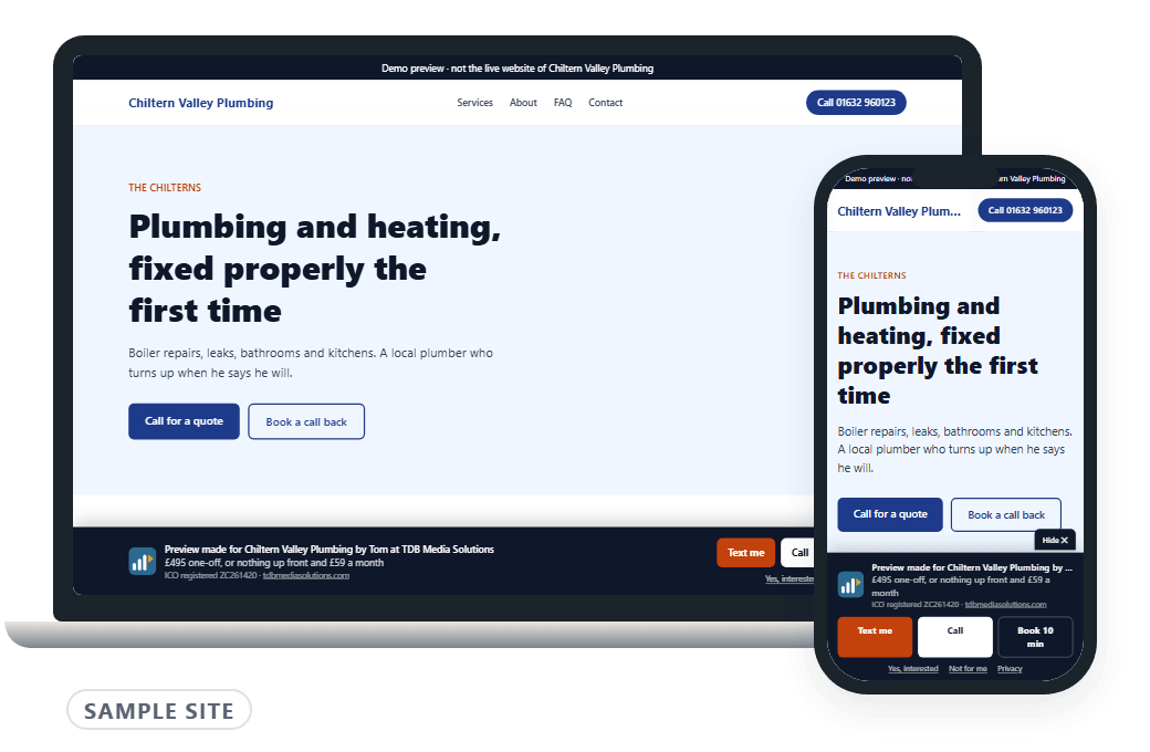 A sample website for a plumbing business, shown on a laptop and a phone.